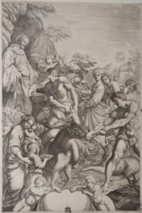 San Benedetto riceve doni dai contadini (da  Il claustro di S. Michele in Bosco di Bologna dipinto dal famoso Lodovico Carracci, Bologna, 1694)